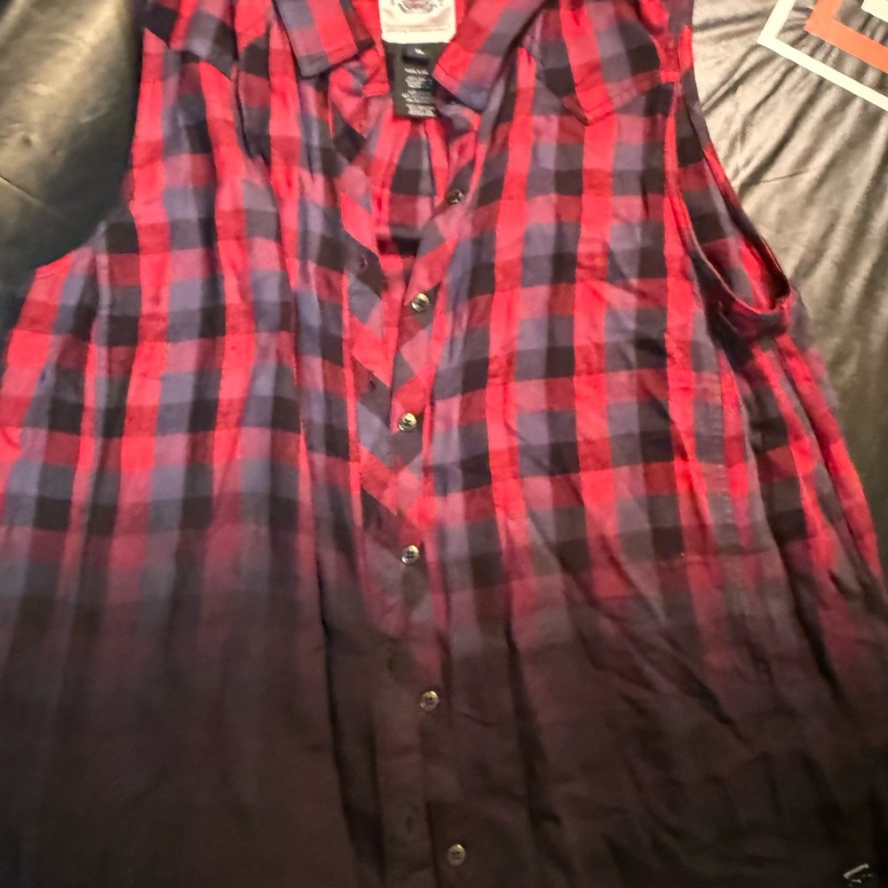 Women’s Red and Black Plaid summer weight flannel sleeveless Shirt